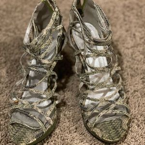 Green snake skin with some silver and tan heels